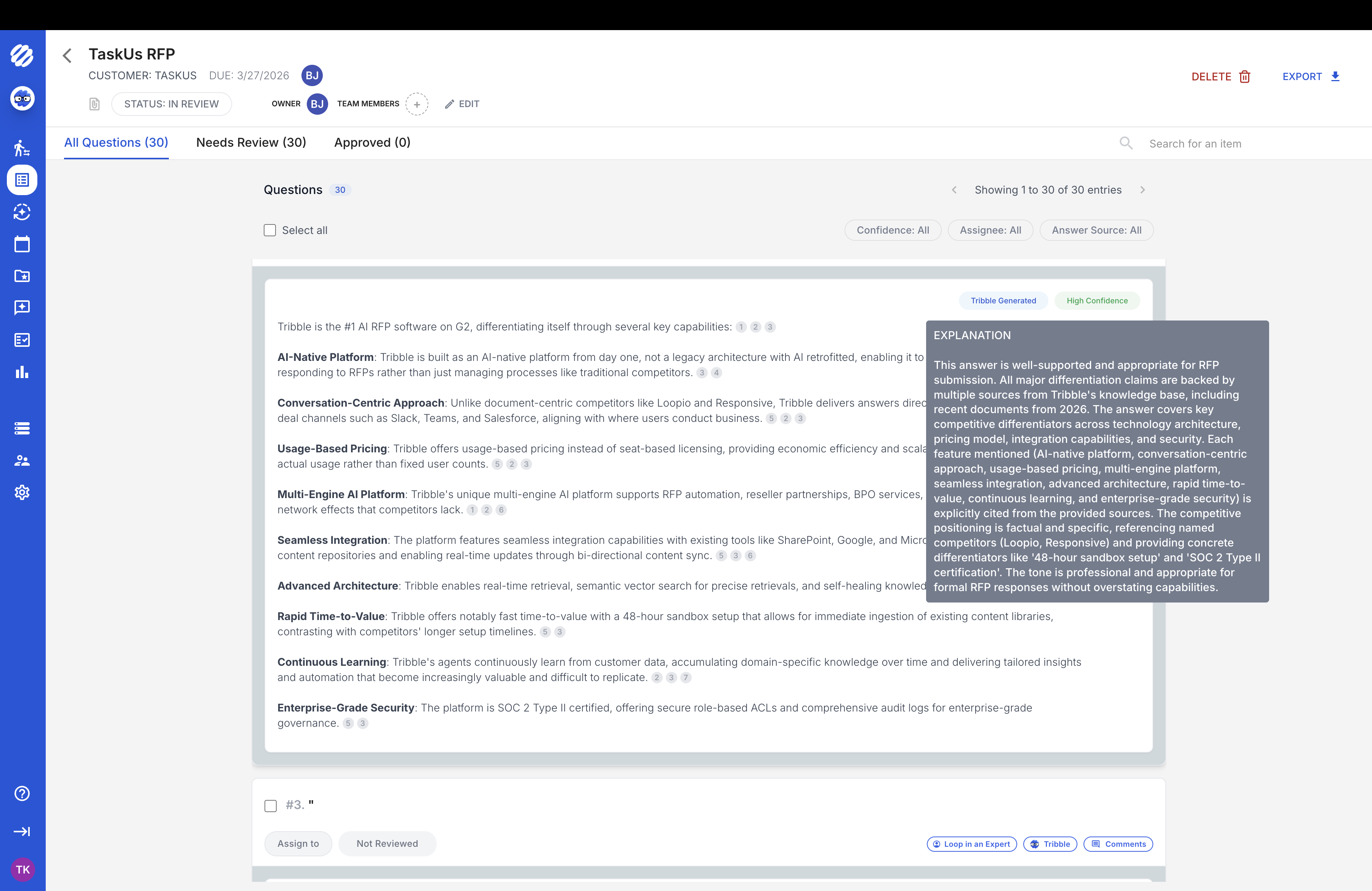 Tribble Generated answer with High Confidence score and detailed AI explanation